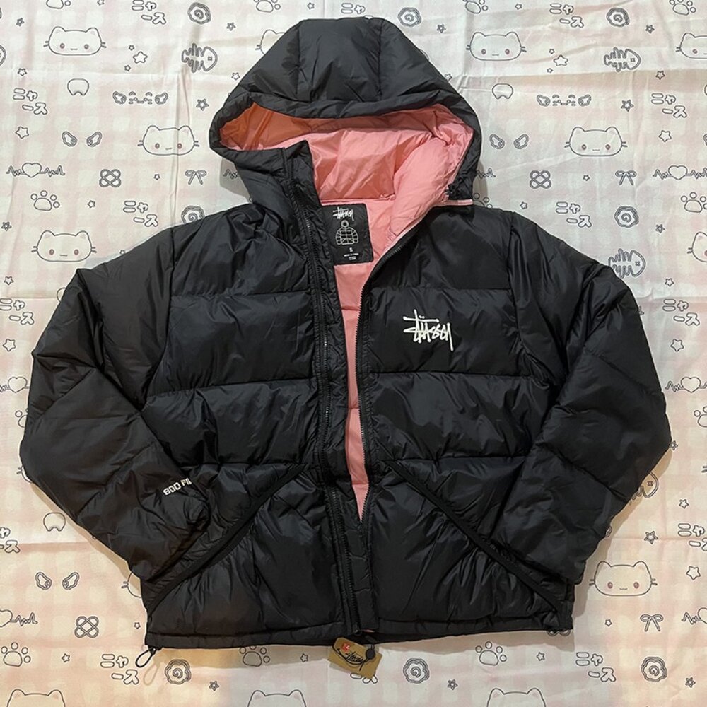 Black And Pink Contrast Hooded Down Jacket Stussy